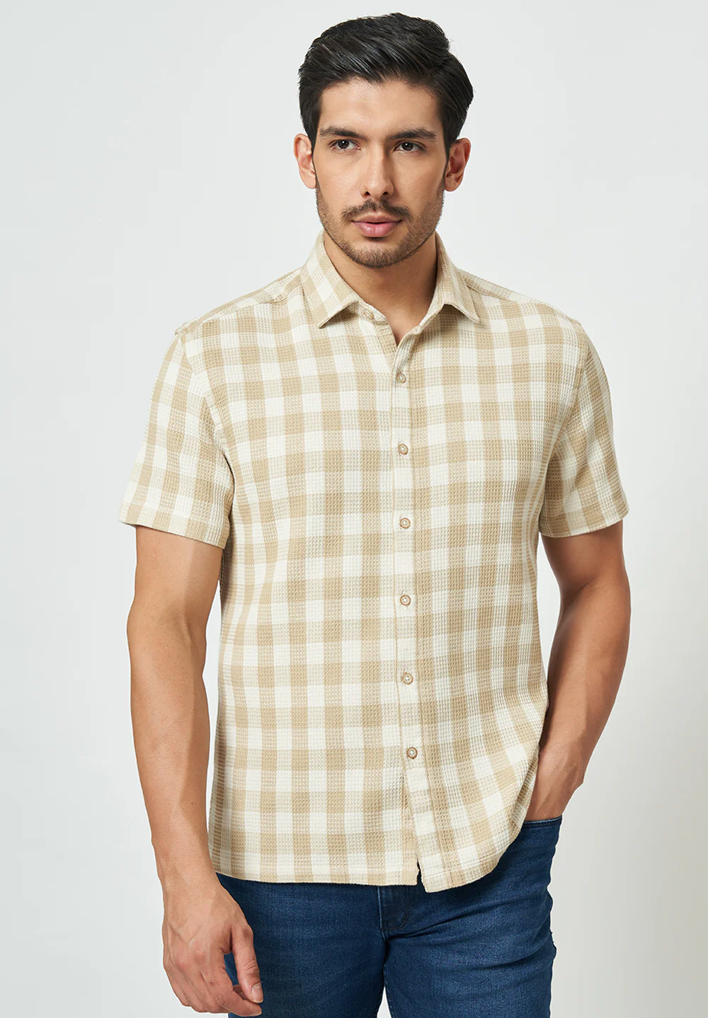 Men Beige Checkered Casual Shirt