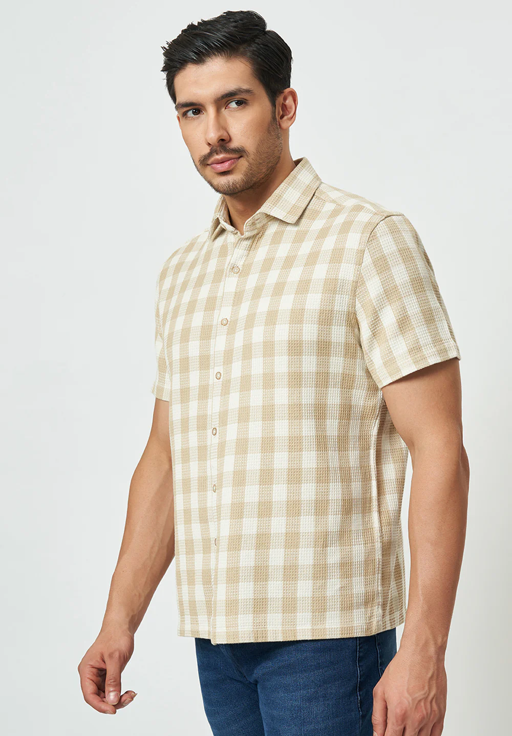 Men Beige Checkered Casual Shirt - Image 3