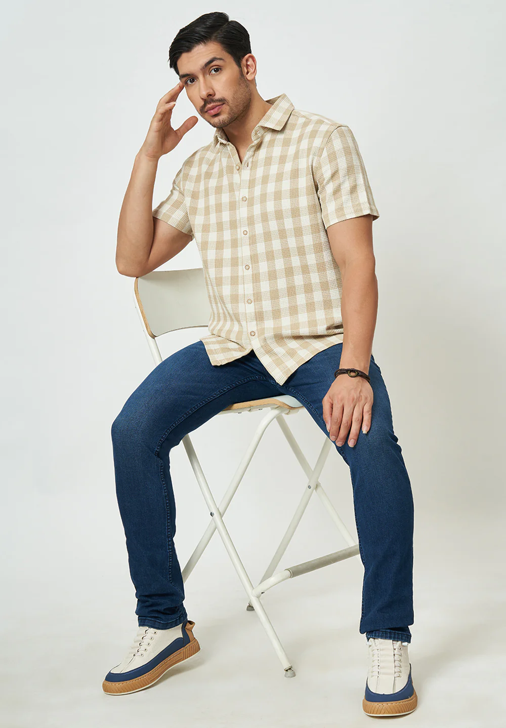 Men Beige Checkered Casual Shirt - Image 5