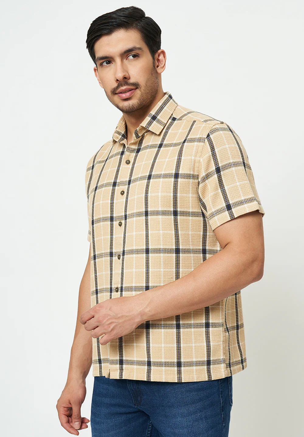 Men Beige Checks Casual Shirt - Image 3