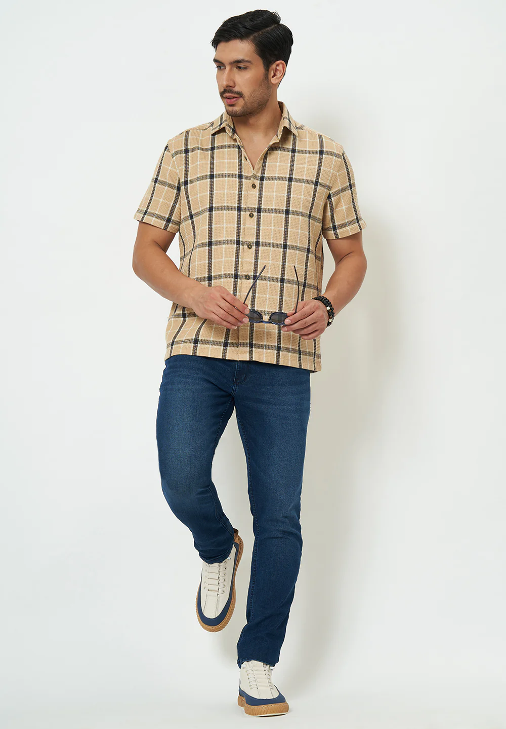 Men Beige Checks Casual Shirt - Image 5