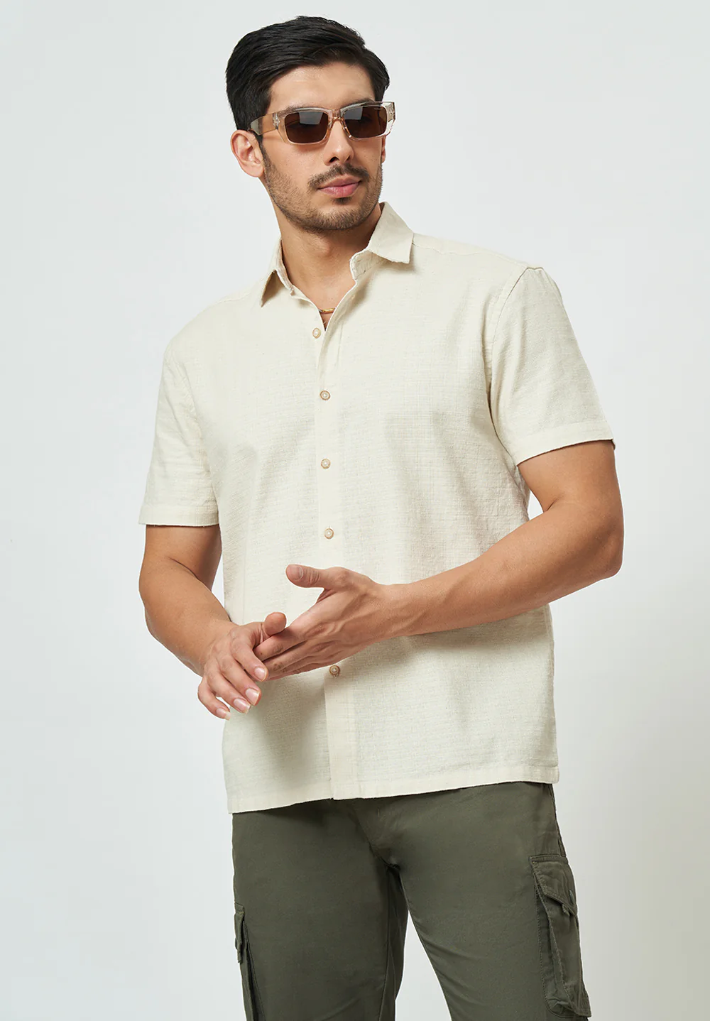 Men Beige Light Textured Casual Shirt - Image 5