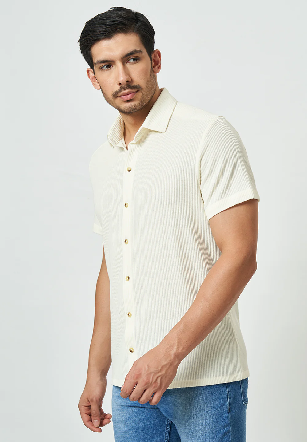 Men Beige Textured Casual Shirt - Image 3