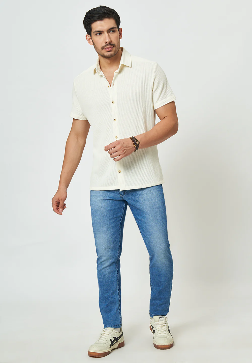 Men Beige Textured Casual Shirt - Image 4