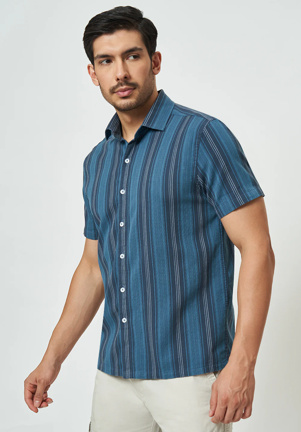 Men Blue Black Striped Casual Shirt - Image 3