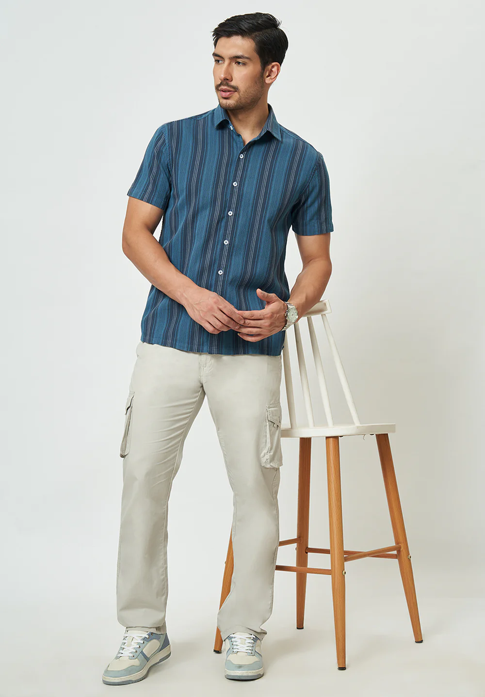 Men Blue Black Striped Casual Shirt - Image 5