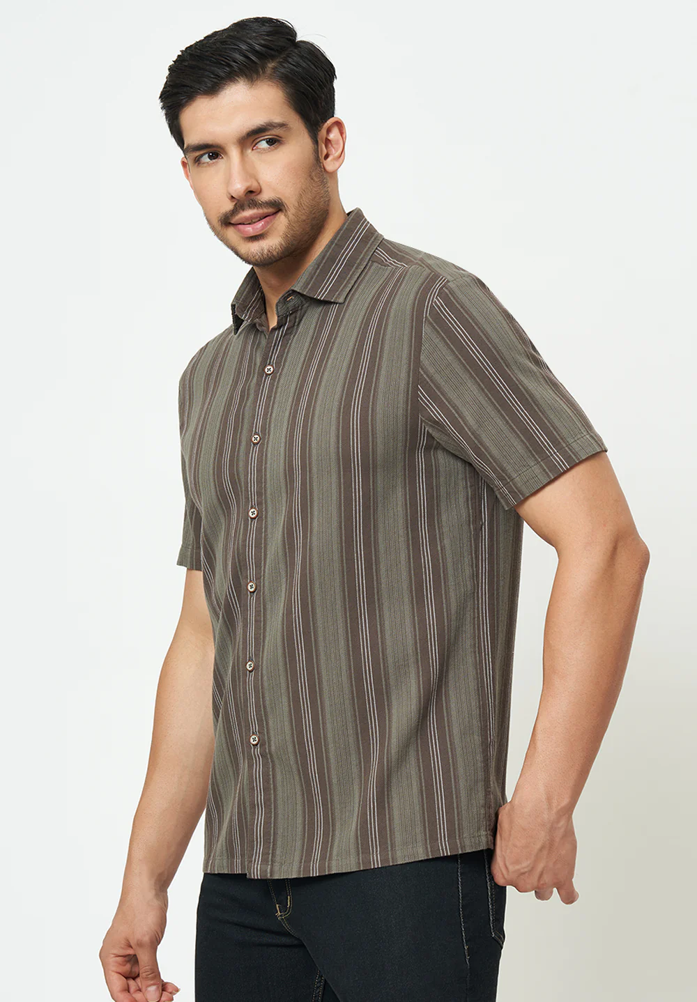 Men Brown Striped Casual Shirt - Image 4