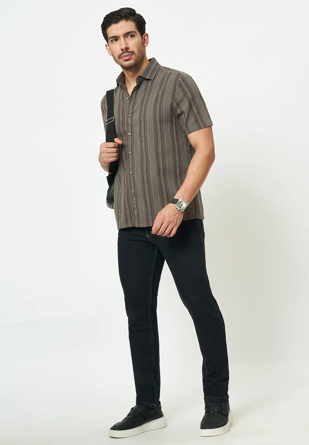 Men Brown Striped Casual Shirt - Image 5