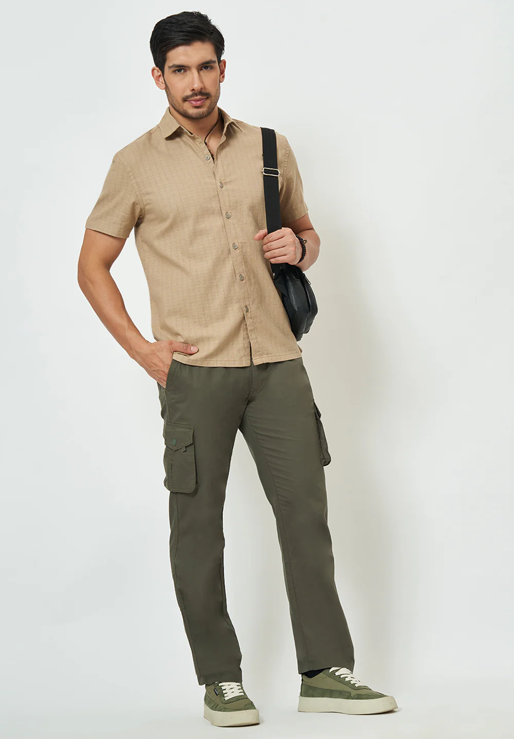 Men Beige Textured Casual Shirt - Image 3