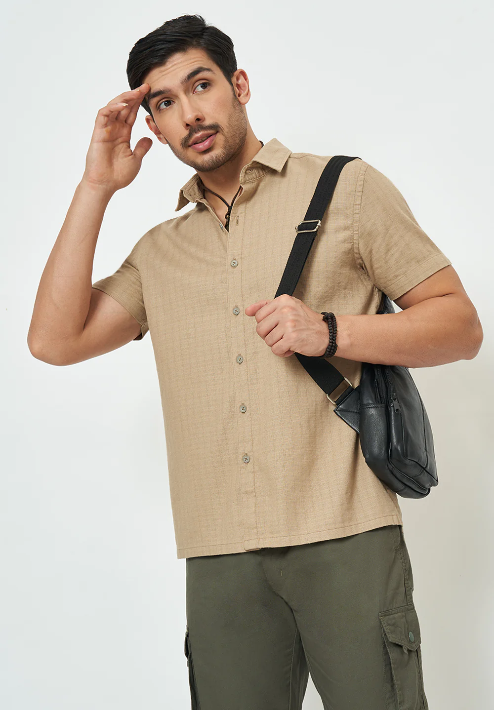Men Beige Textured Casual Shirt - Image 5