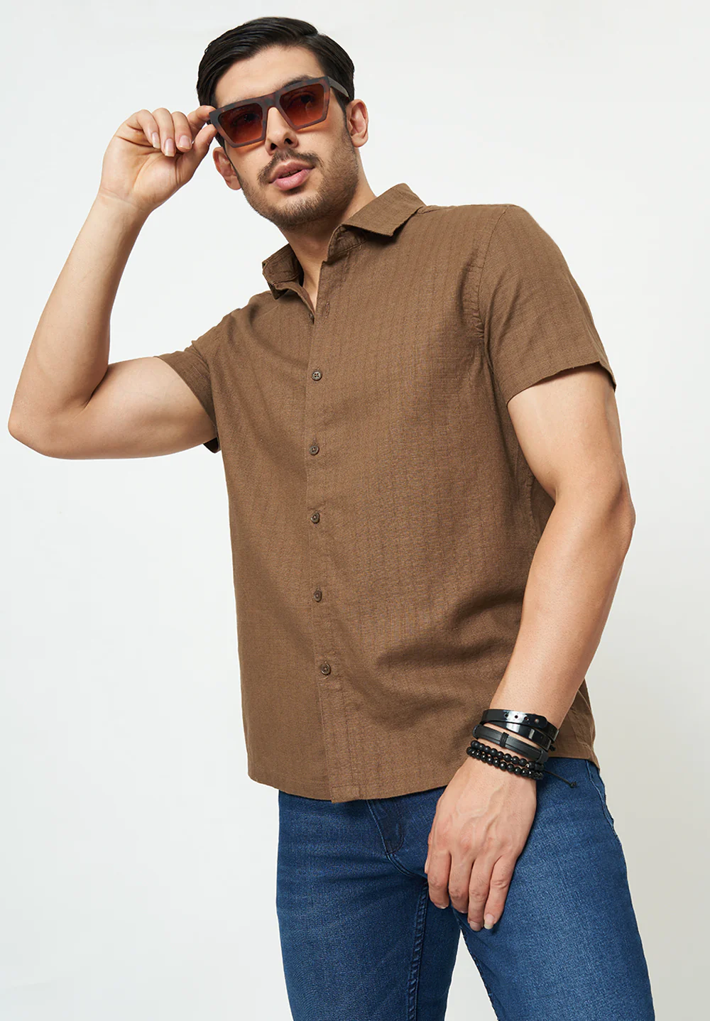 Men Brown Textured Casual Shirt - Image 5