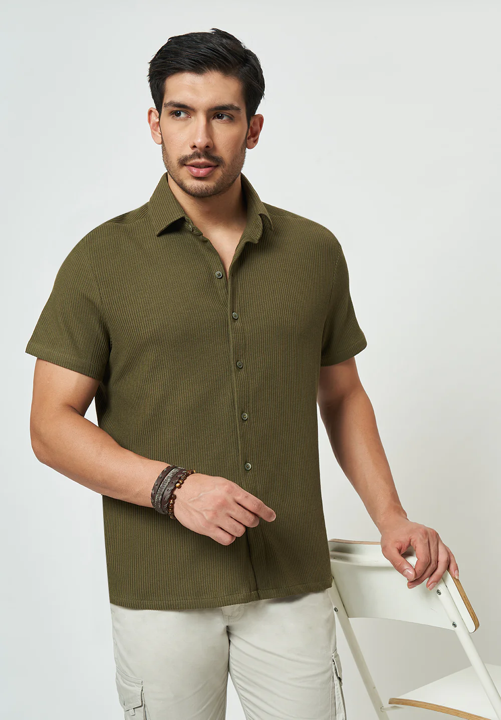 Men Green Striped Casual Shirt - Image 5