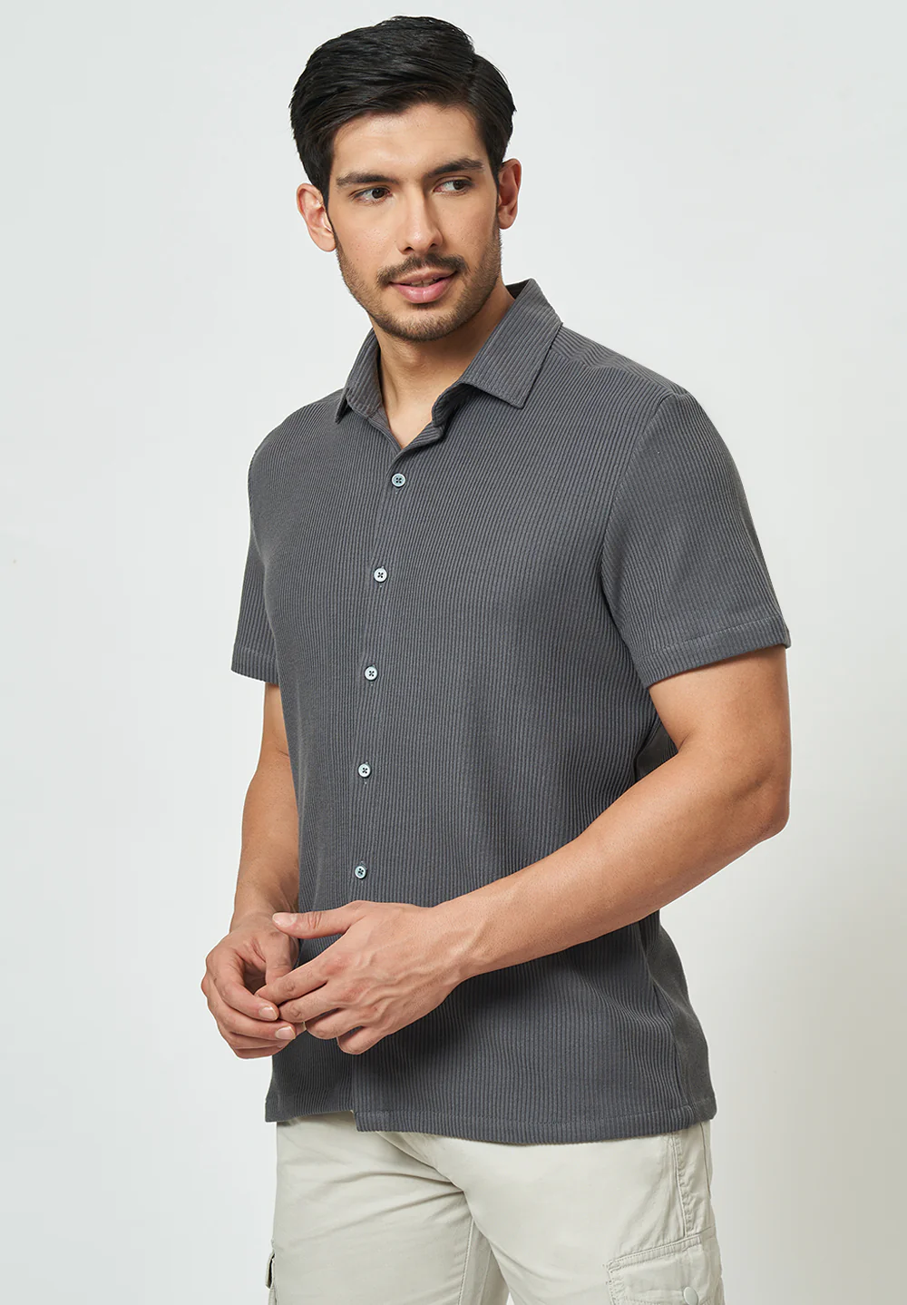 Men Grey Textured Casual Shirt - Image 3