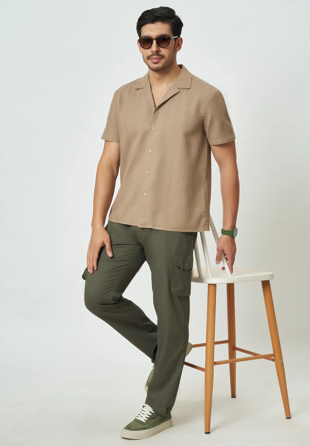 Men Light Beige Textured Casual Shirt - Image 2