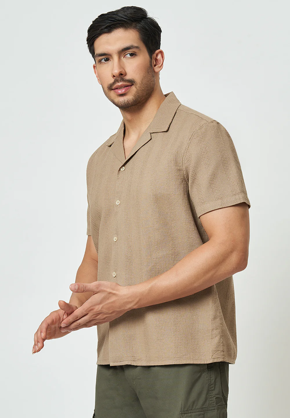 Men Light Beige Textured Casual Shirt - Image 4