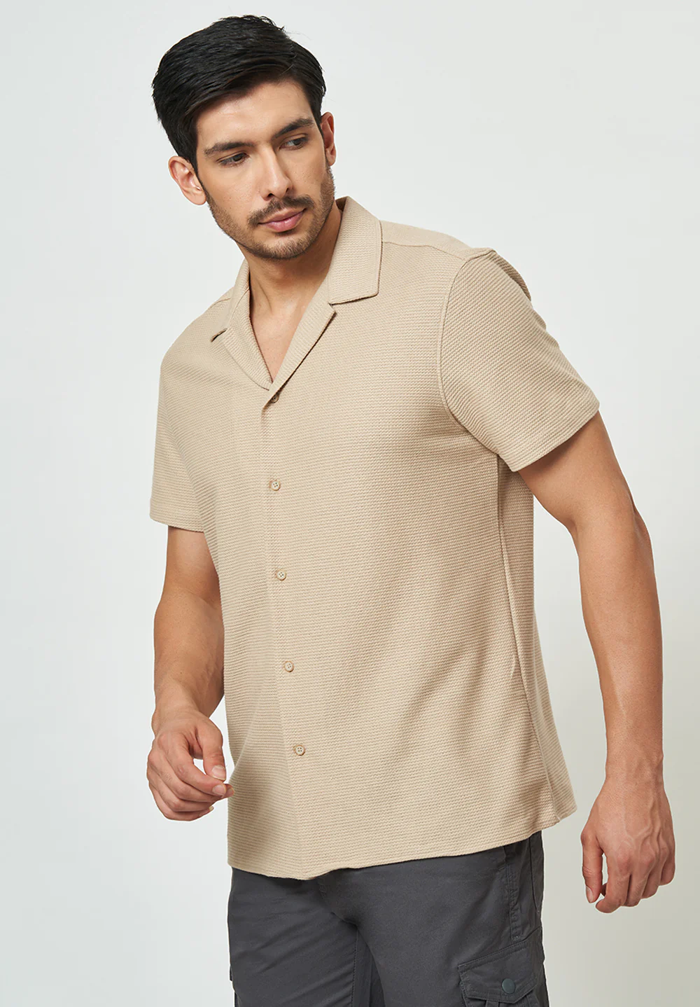 Men Light Brown Textured Casual Shirt - Image 3