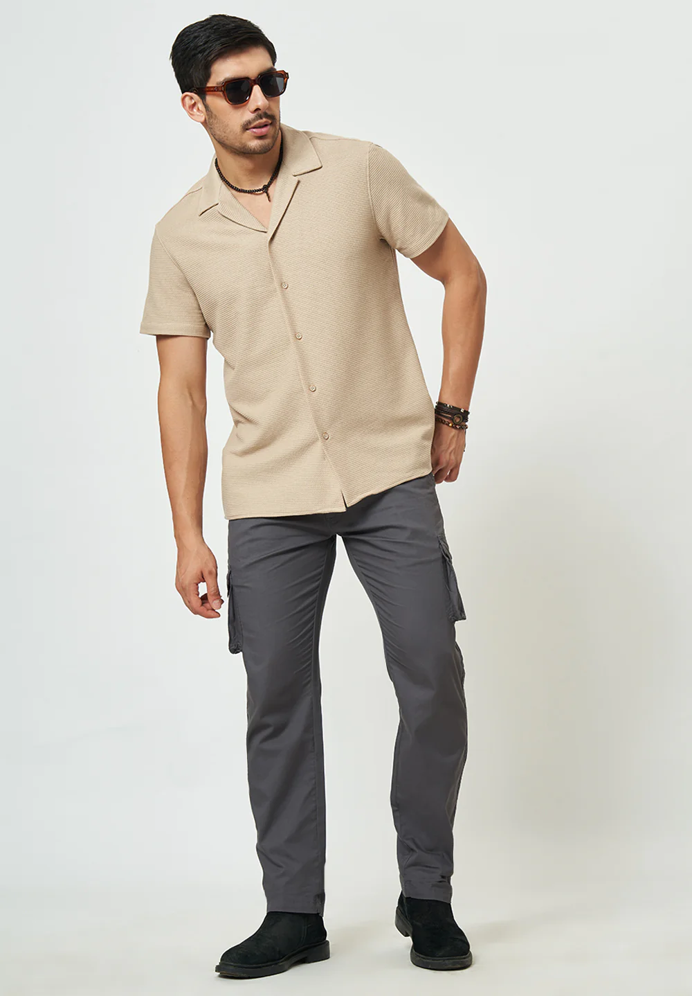 Men Light Brown Textured Casual Shirt - Image 5