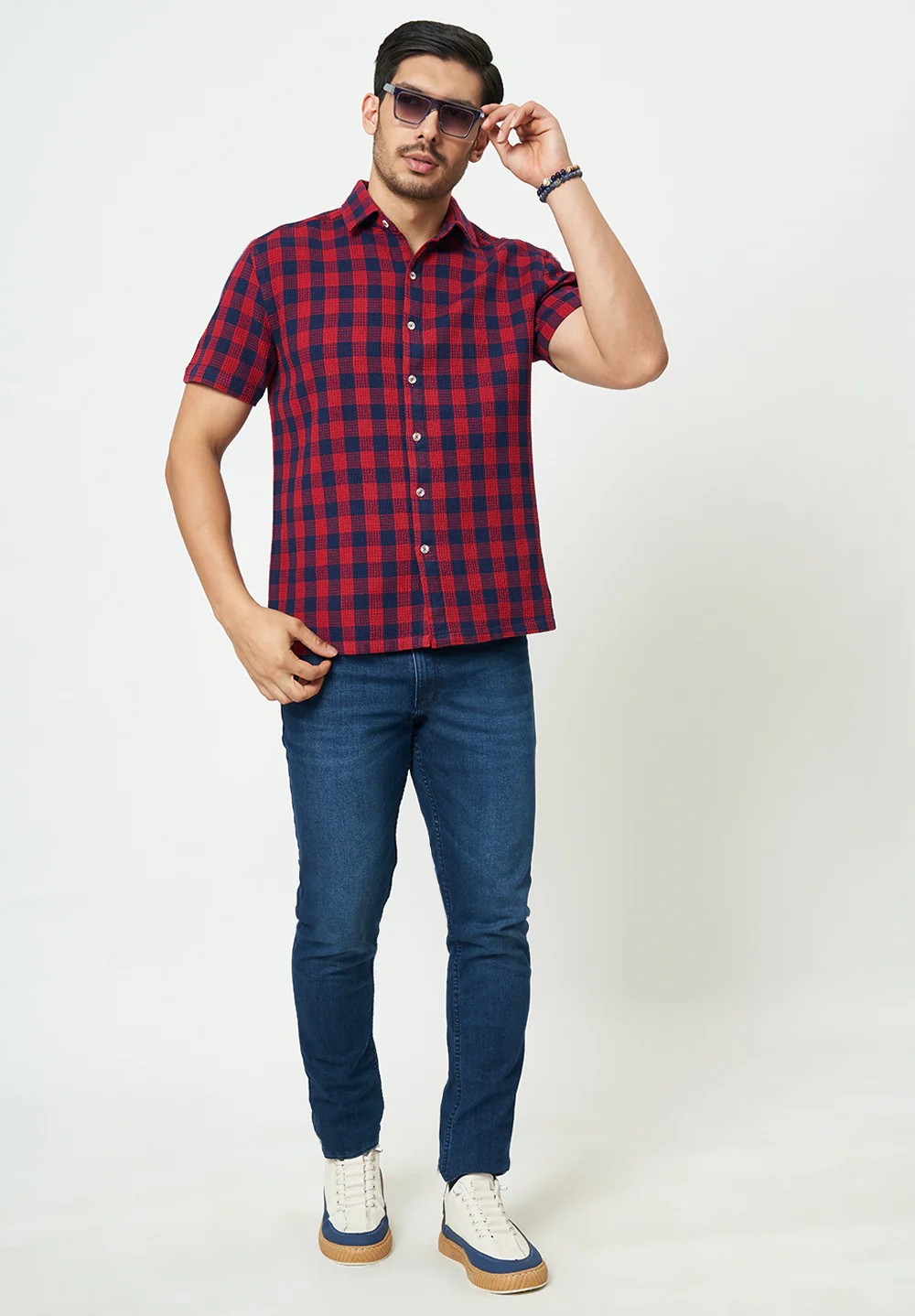 Men Red Blue Checks Casual Shirt - Image 3