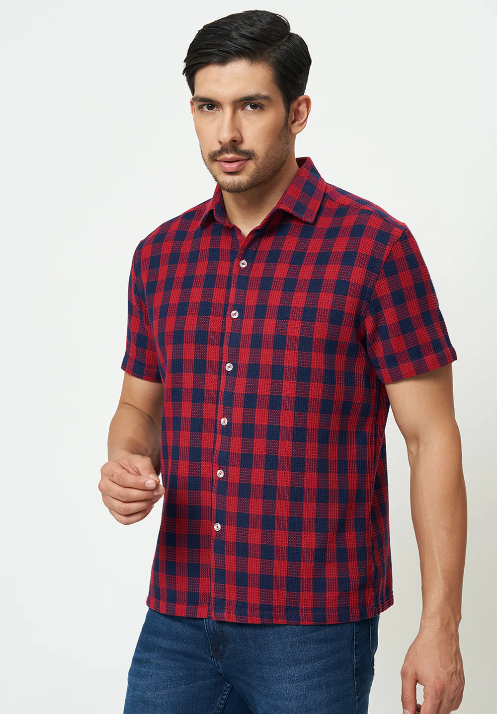 Men Red Blue Checks Casual Shirt - Image 4
