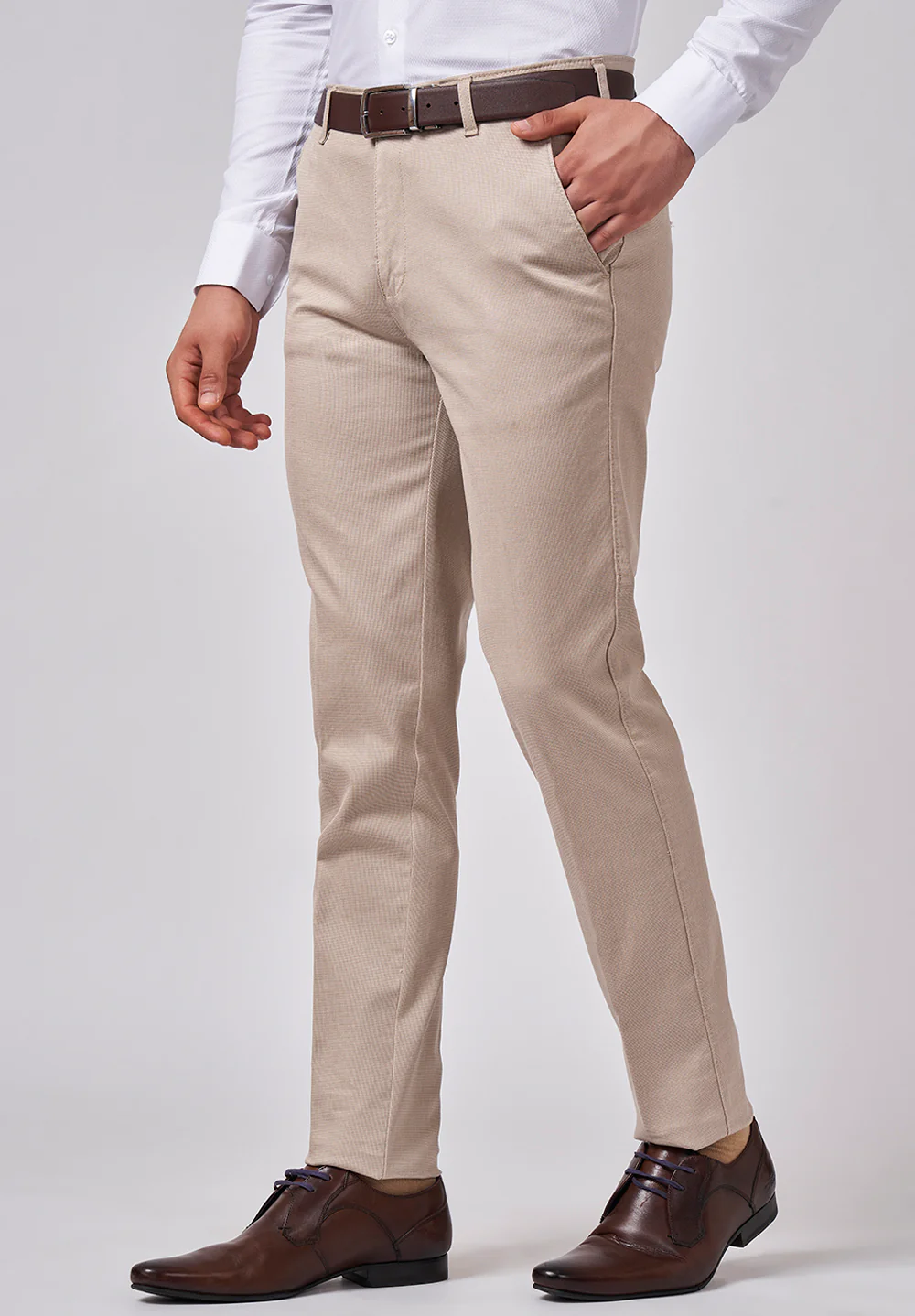 Beige Narrow Fit Cotton Trouser - Image 3